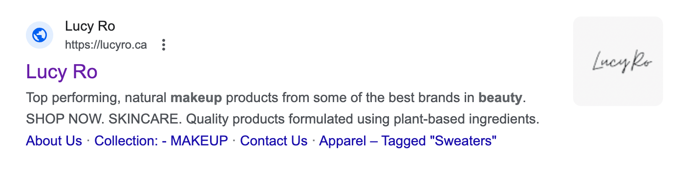Google search results listing for an online cosmetics store called Lucy Ro .