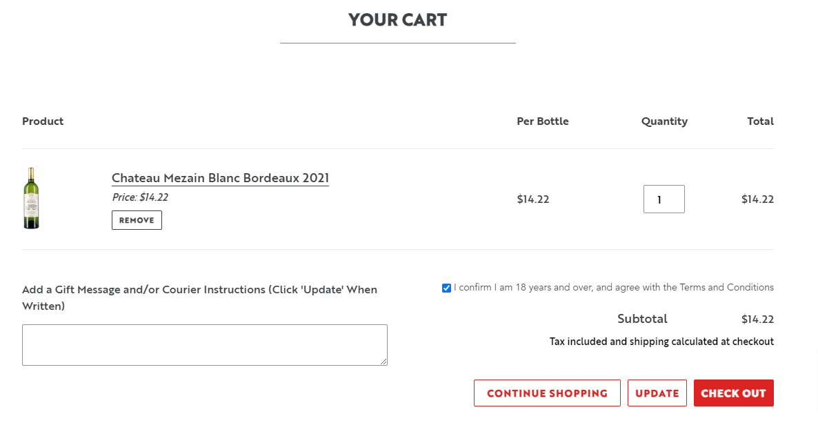 screenshot of wine direct website cart