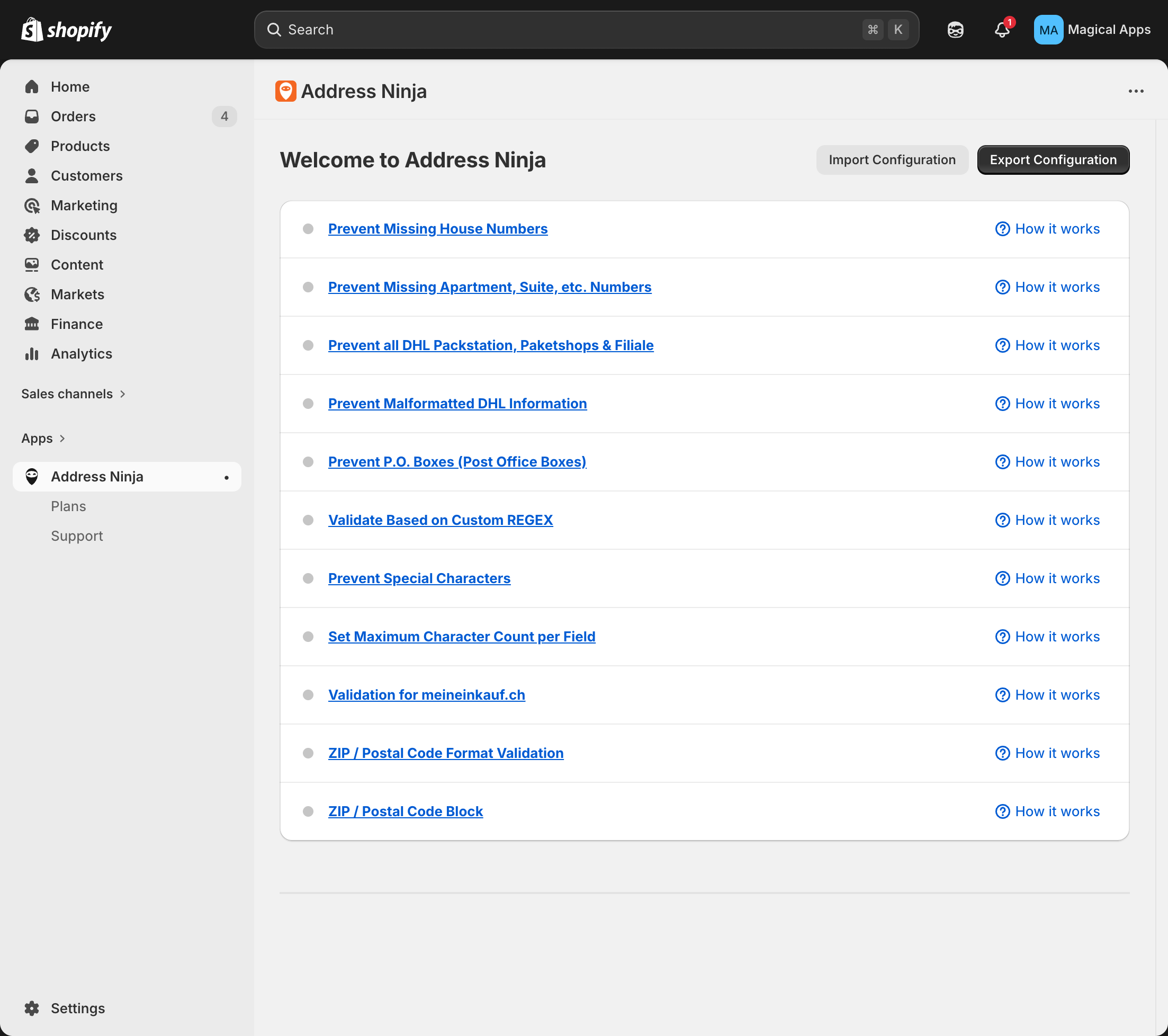 Address Ninja dashboard with validation rules list