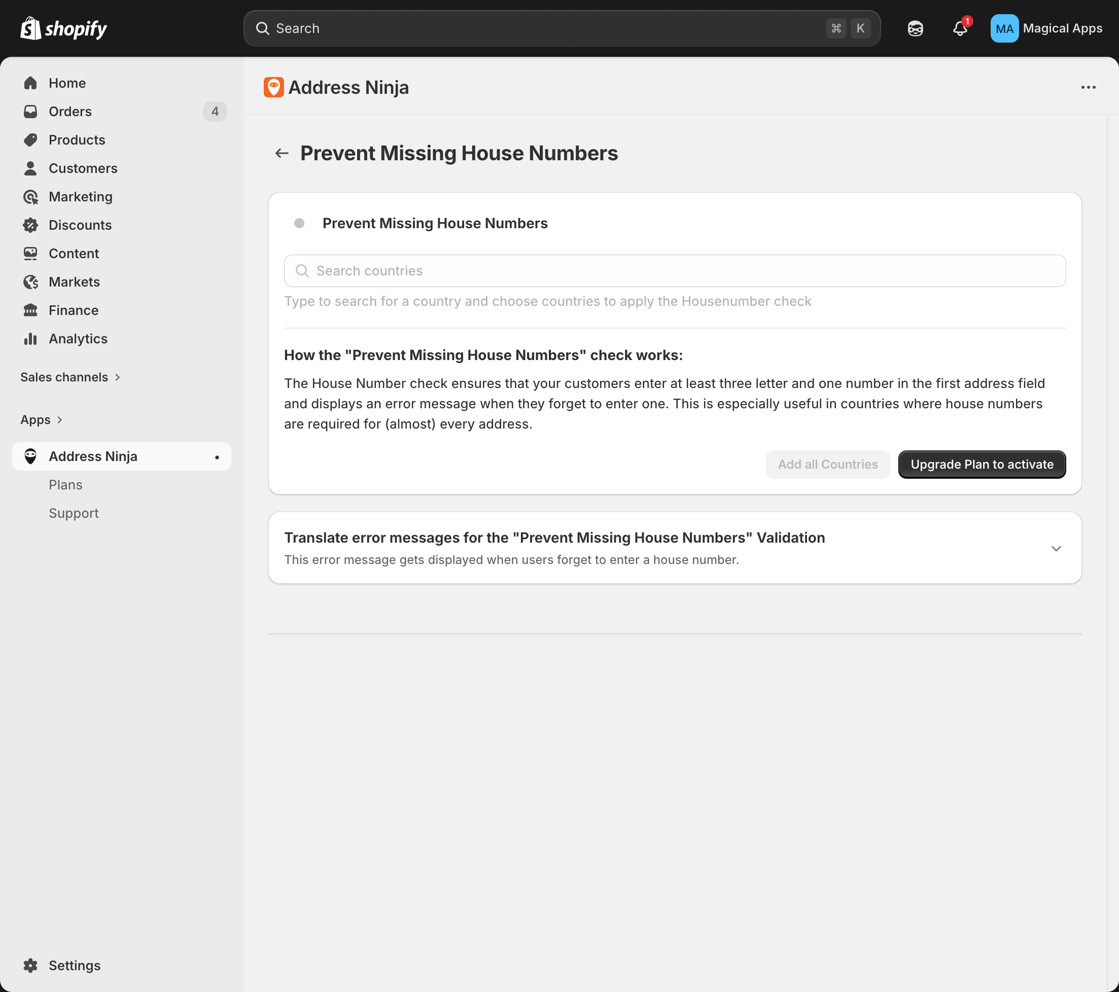 Validation rule configuration with country selector and activation options