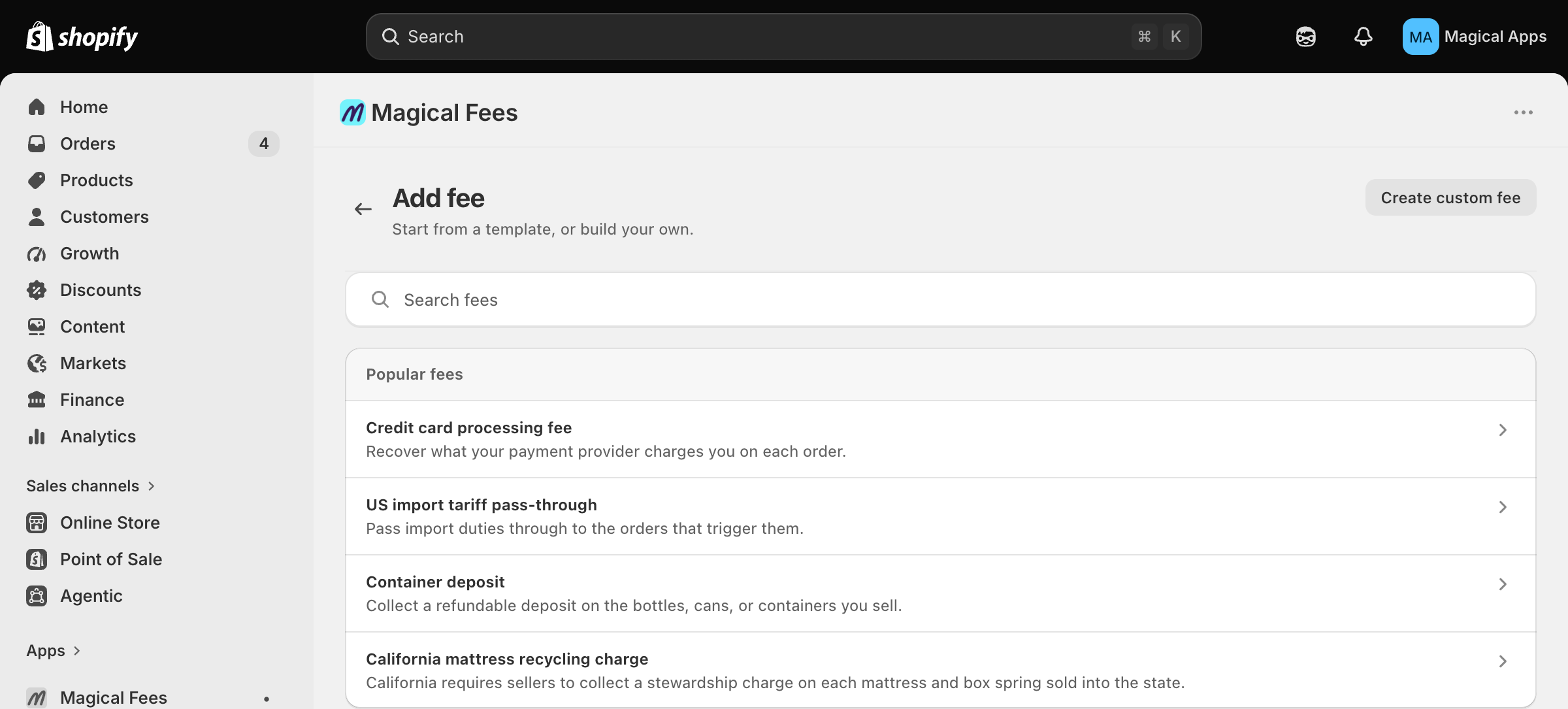 Add fee catalog showing the search field and the Popular fees list