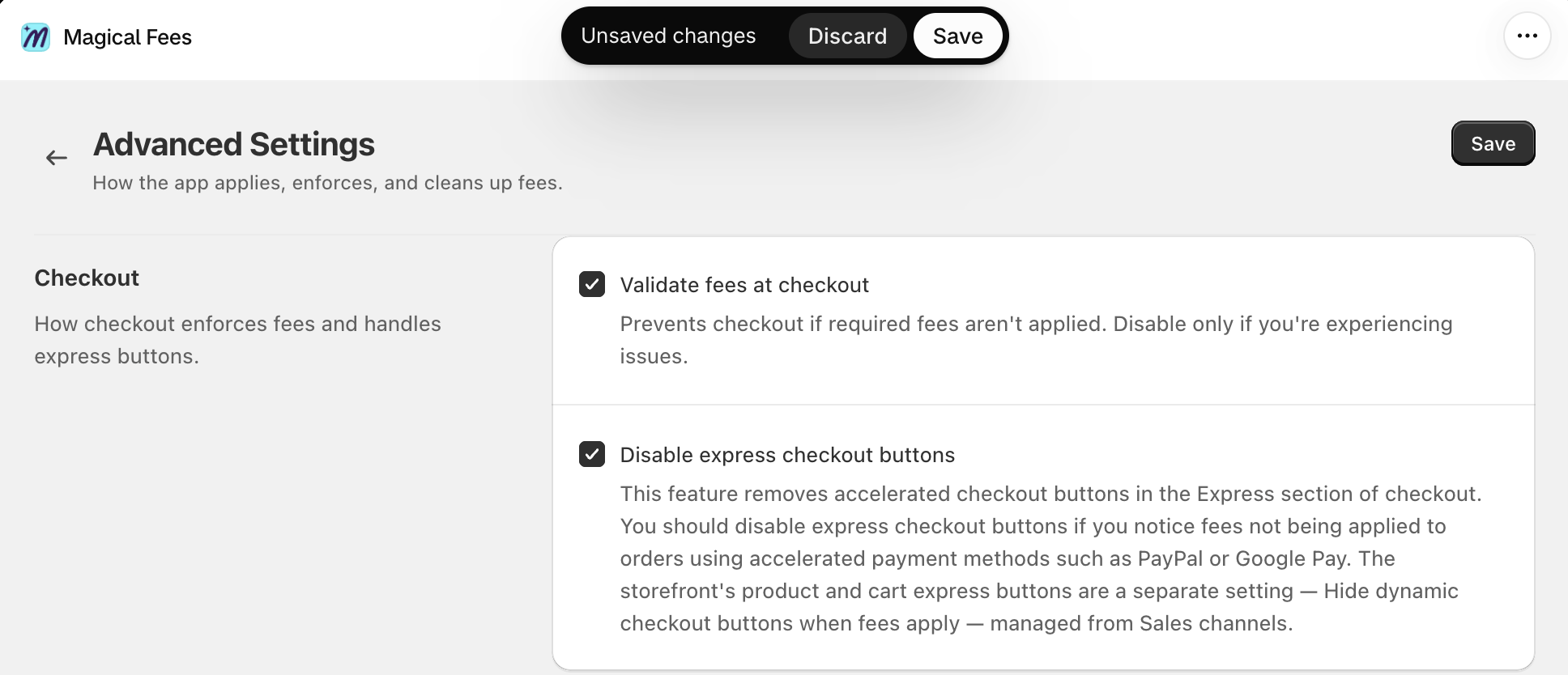 Advanced Settings with Disable express checkout buttons checked and the Save button