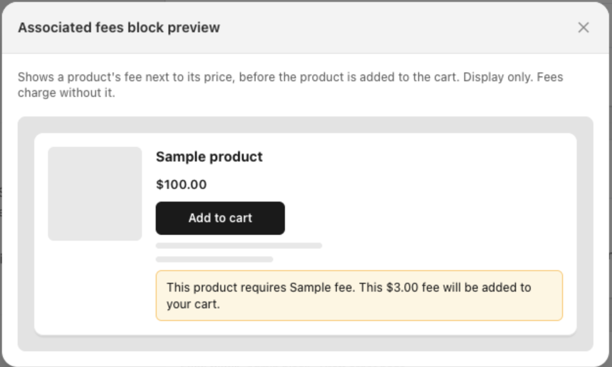Preview of the Associated fees block on a product page