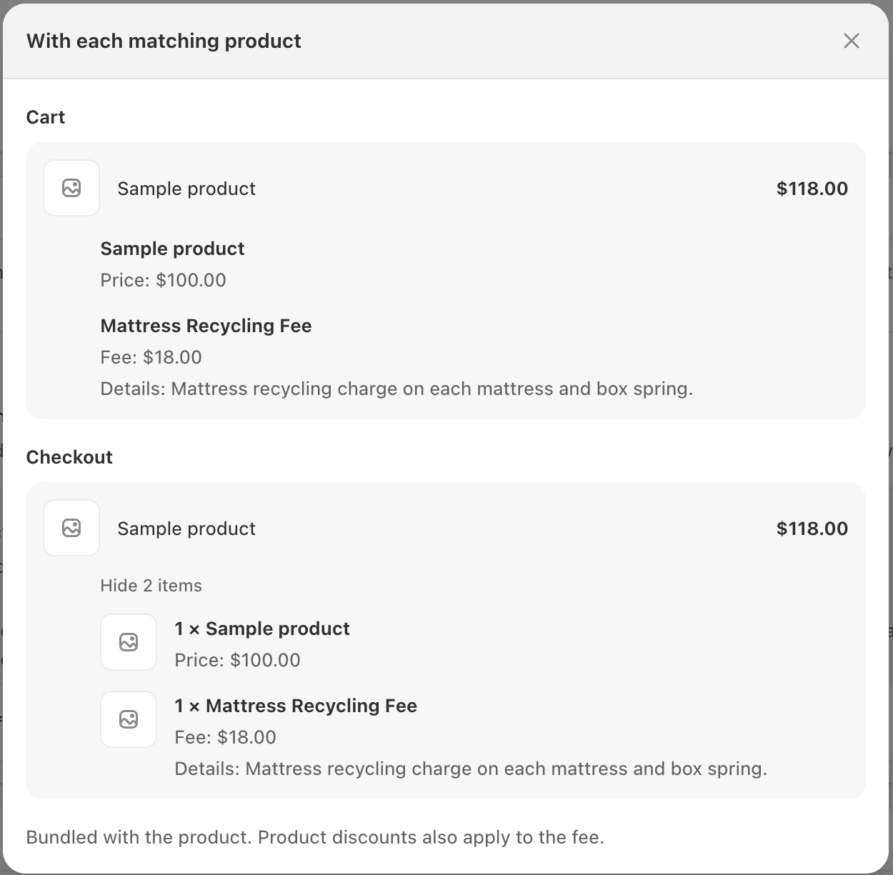 Preview of the fee bundled with each matching product in the cart and checkout