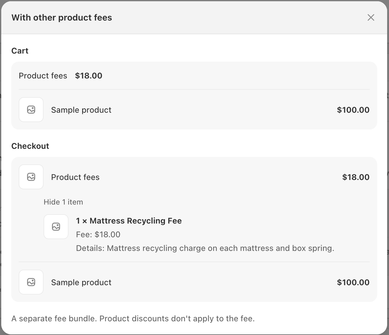 Preview of the fee grouped with other product fees in a separate bundle