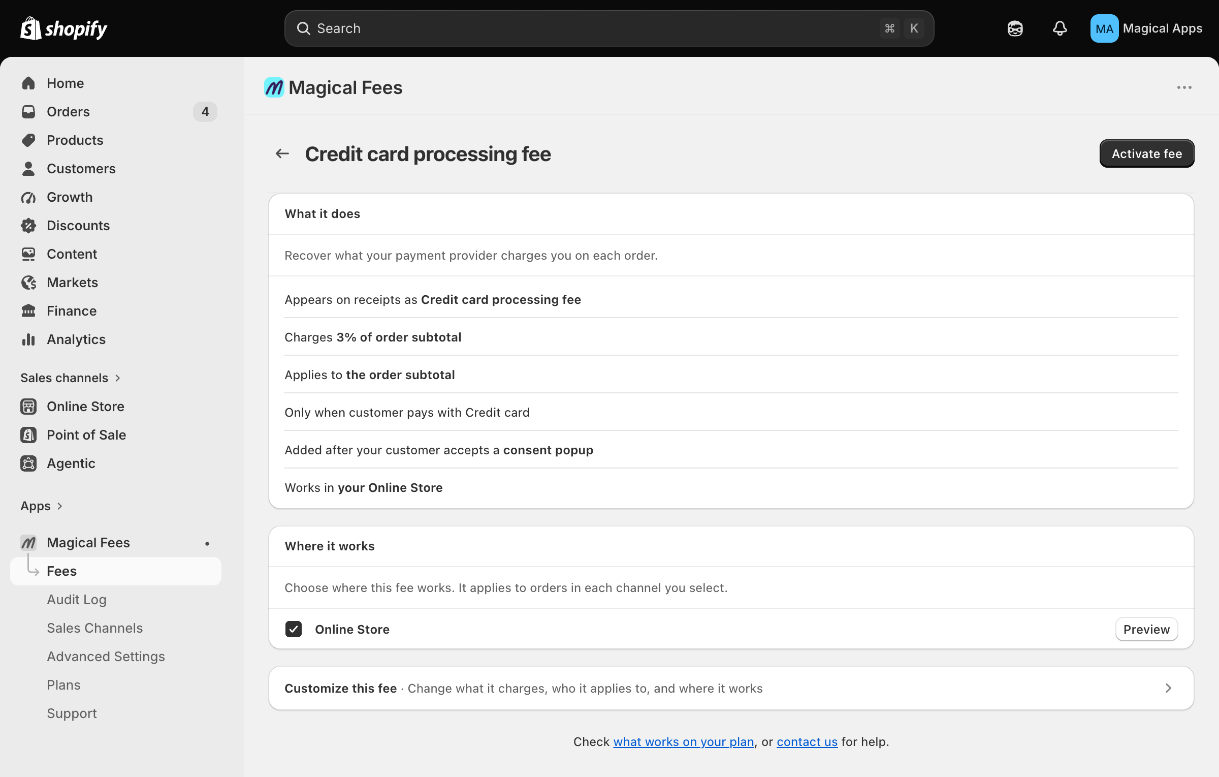 Fee template preview showing the What it does card and the Activate fee button