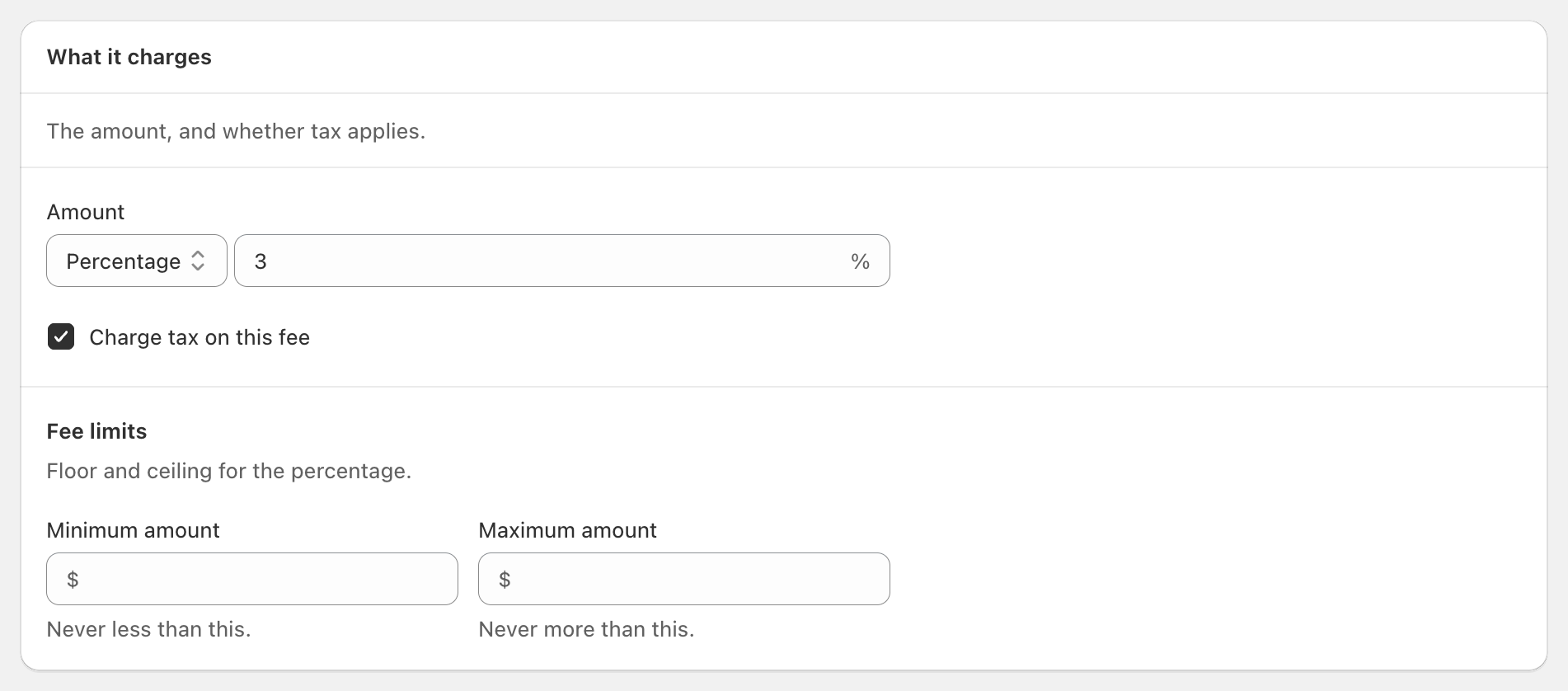 The What it charges card with Amount set to Percentage 3, Charge tax on this fee, and Fee limits