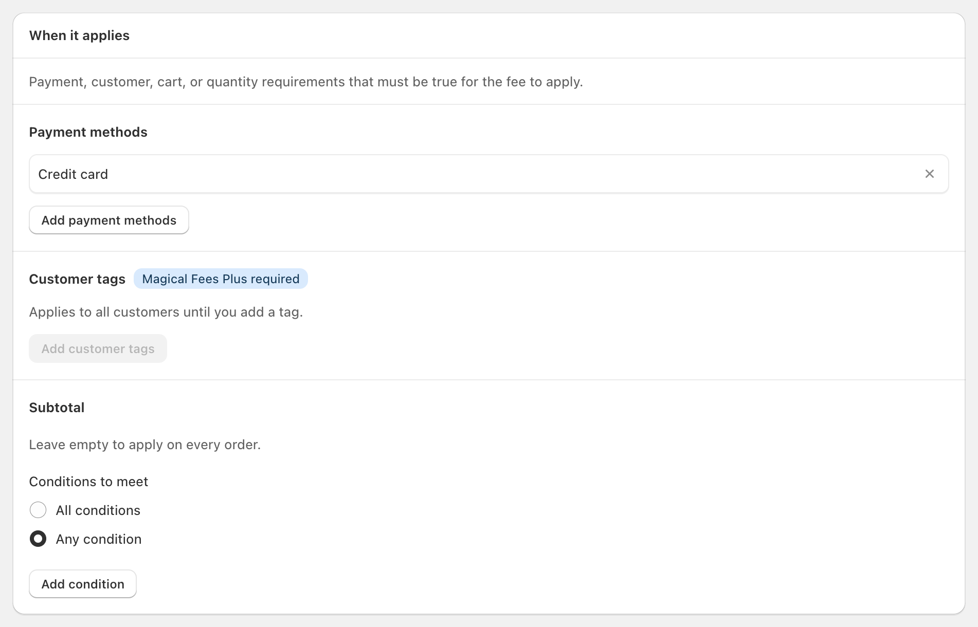 The When it applies card with Credit card under Payment methods and the Add payment methods button