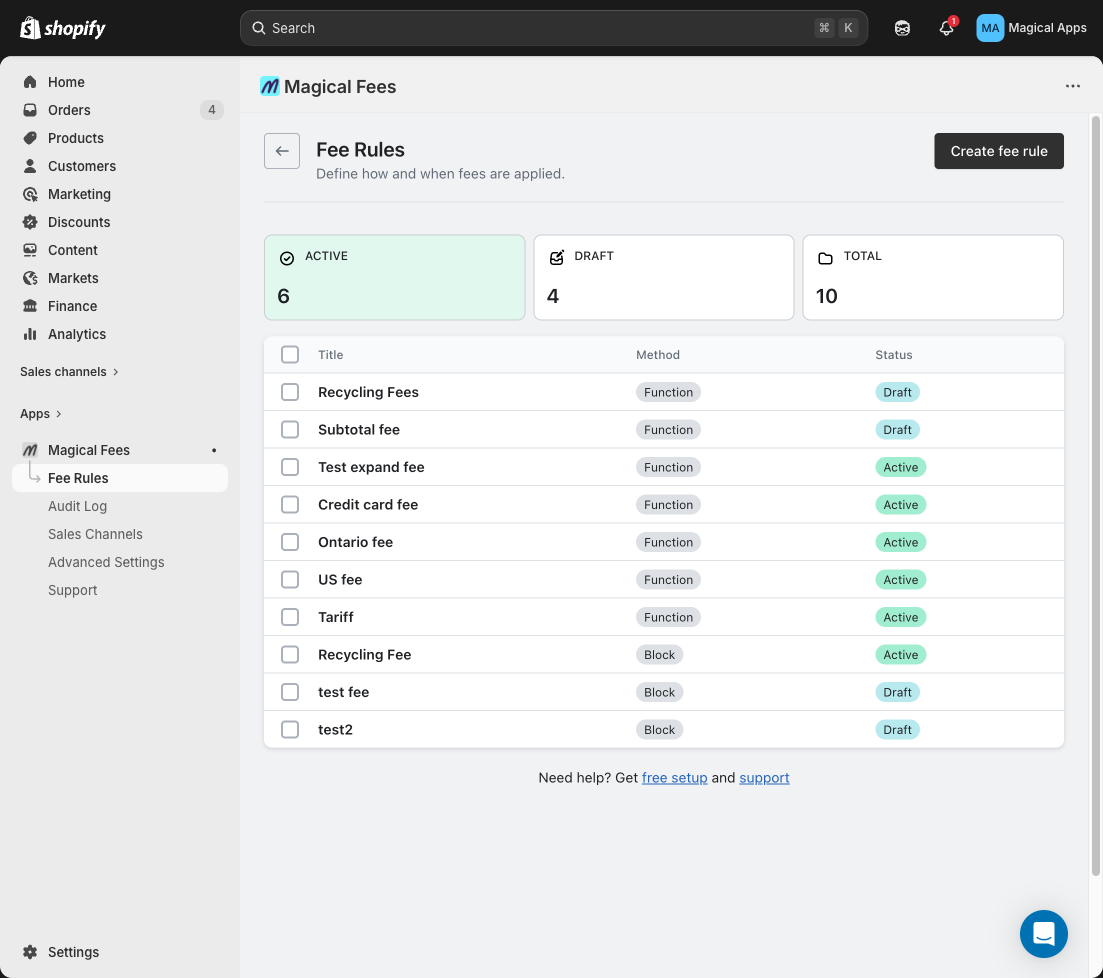 Fee rules list showing Active status on saved rules