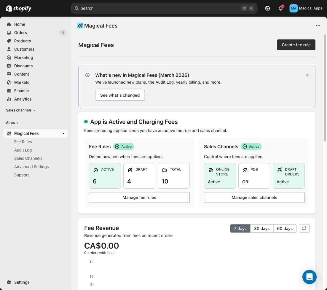 Magical Fees dashboard with Create fee rule button visible