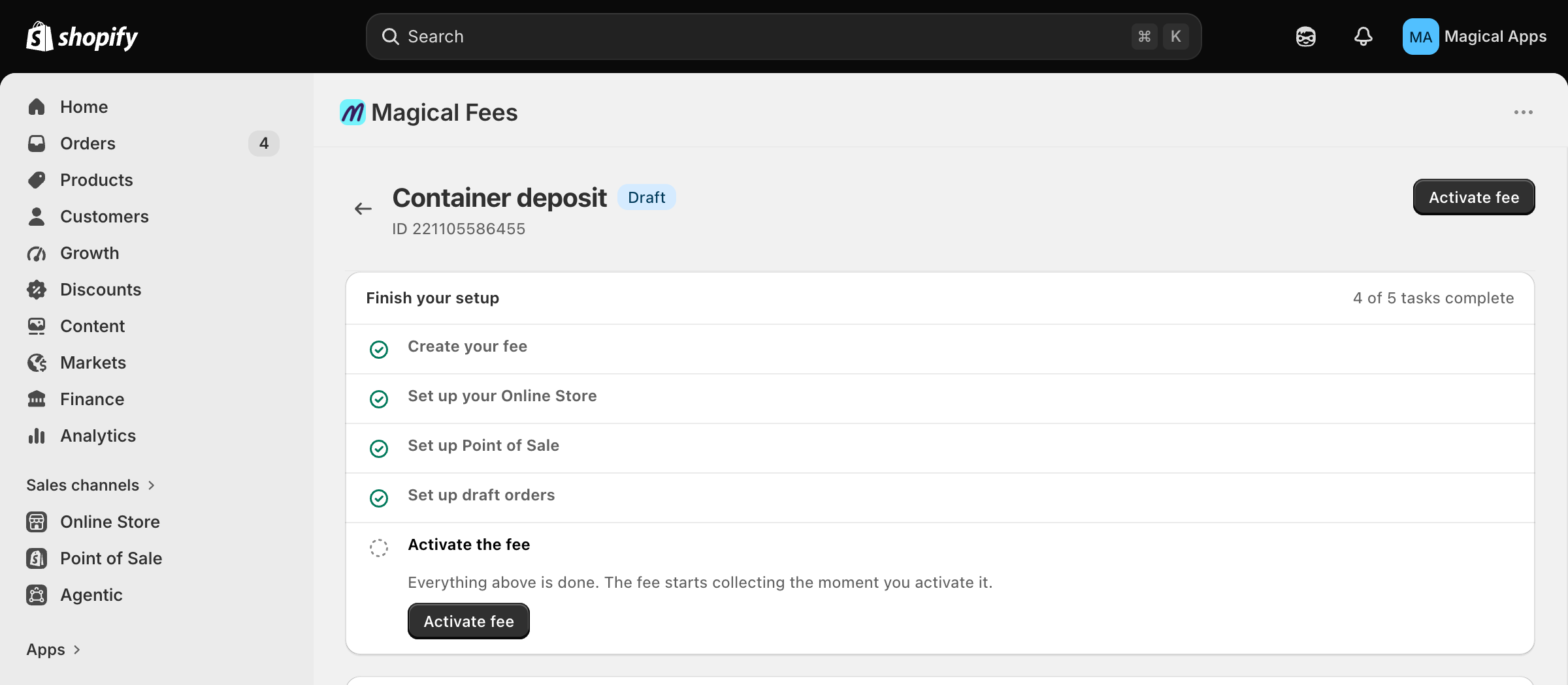 Finish your setup checklist on a draft fee, with four of five tasks complete and Activate fee remaining