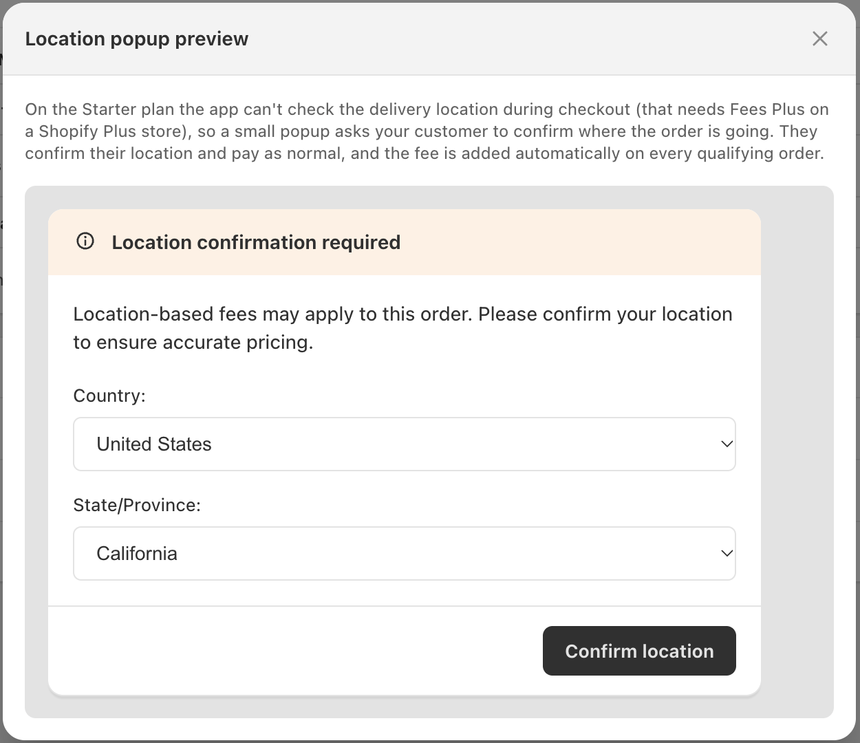 The location popup preview, asking the customer to confirm their country and state