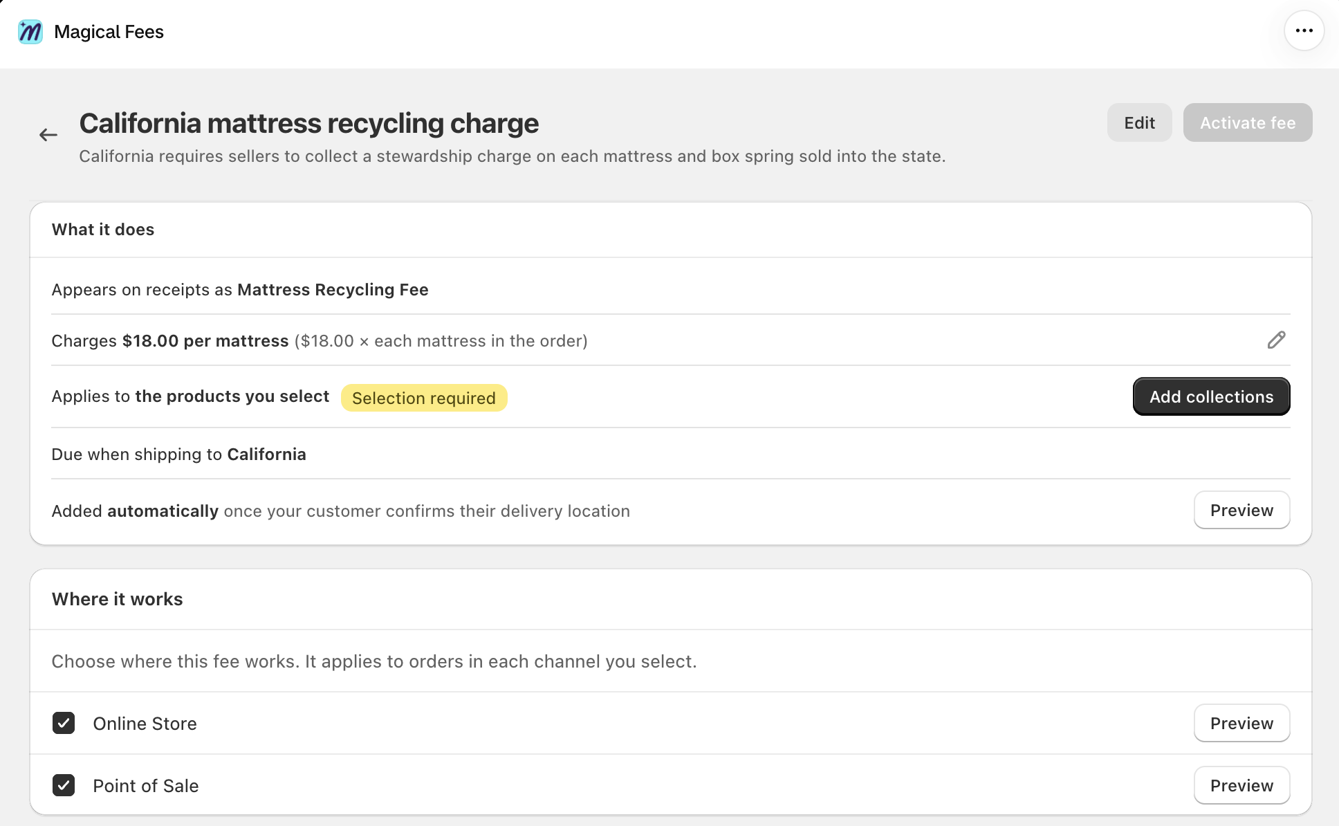 The California mattress recycling charge template with $18.00 per mattress, Add collections, and Activate fee