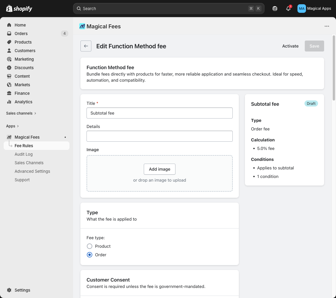 Order fee rule form showing Type: Order, percentage calculation, and Apply to Subtotal condition