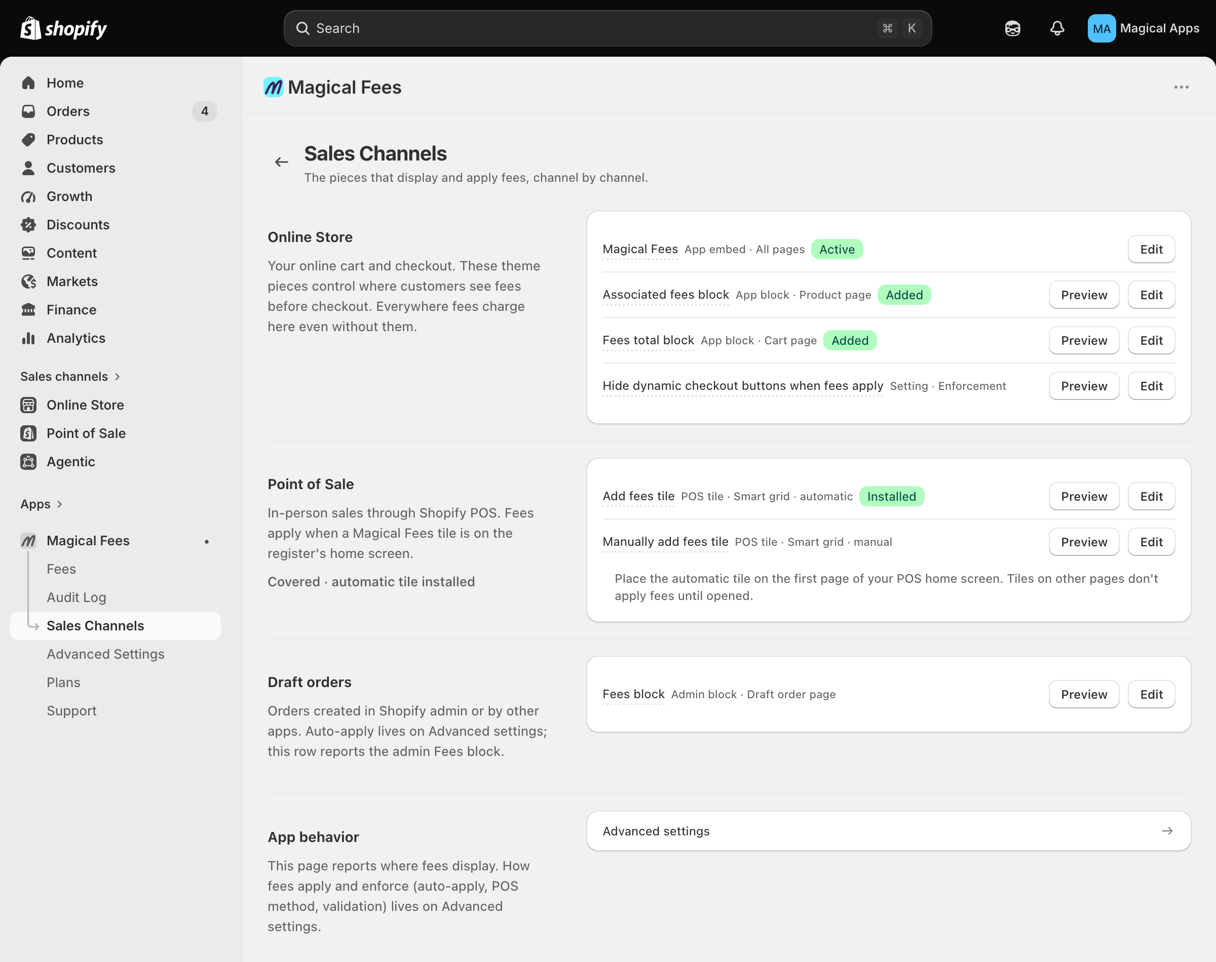 Sales Channels ledger showing the Online Store, Point of Sale, and Draft orders rows with Edit buttons