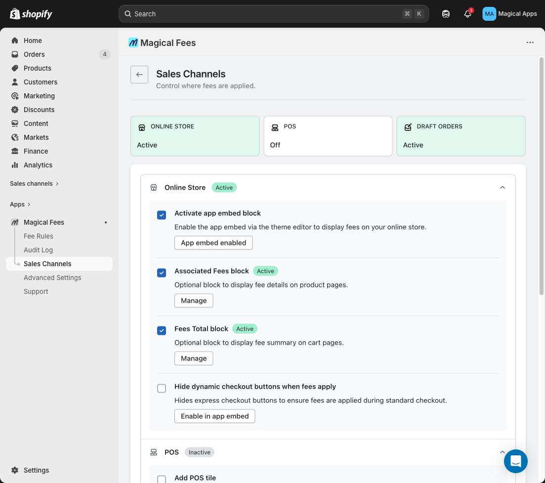 Add sales channels panel in Magical Fees