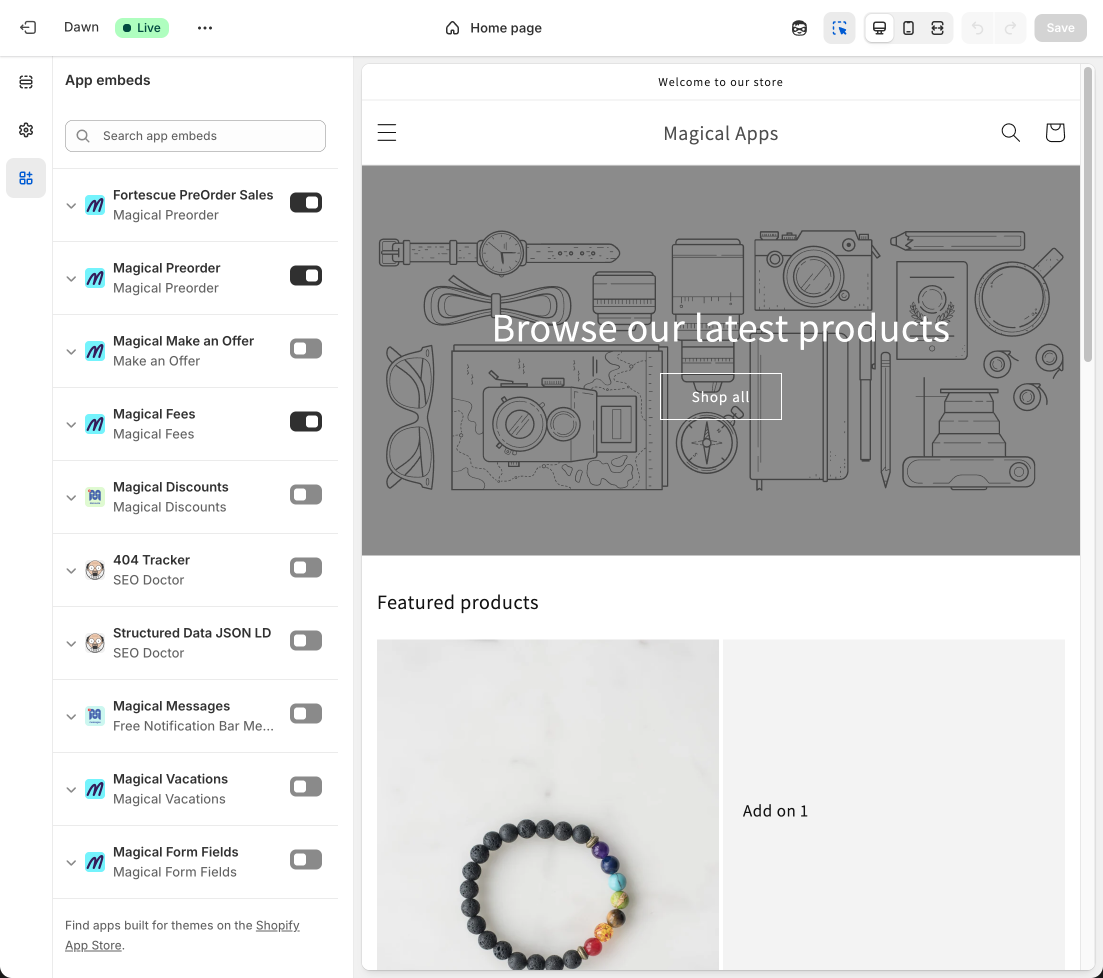 Theme editor with Magical Fees app embed toggled ON