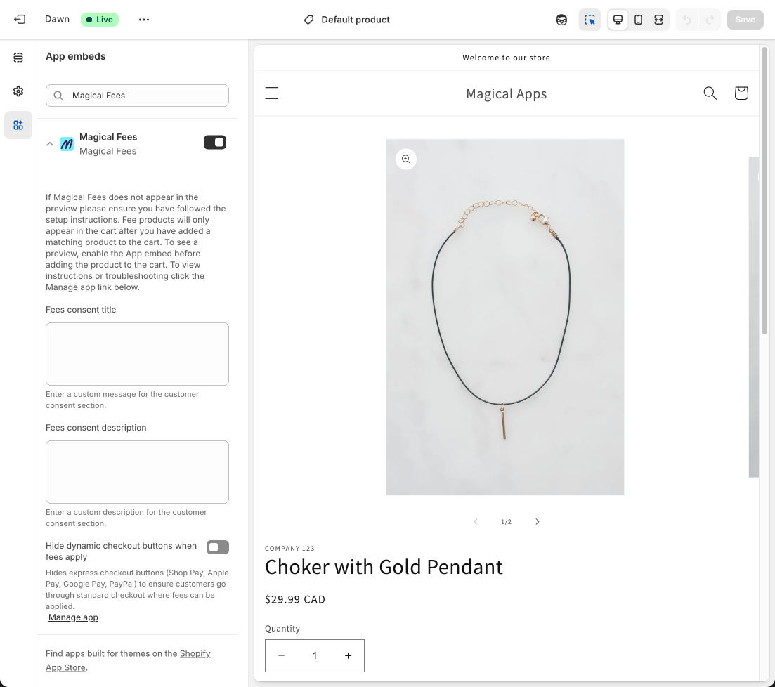 Theme editor with Hide dynamic checkout buttons toggle enabled