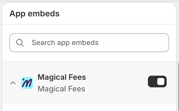 The theme editor App embeds panel with Magical Fees turned on