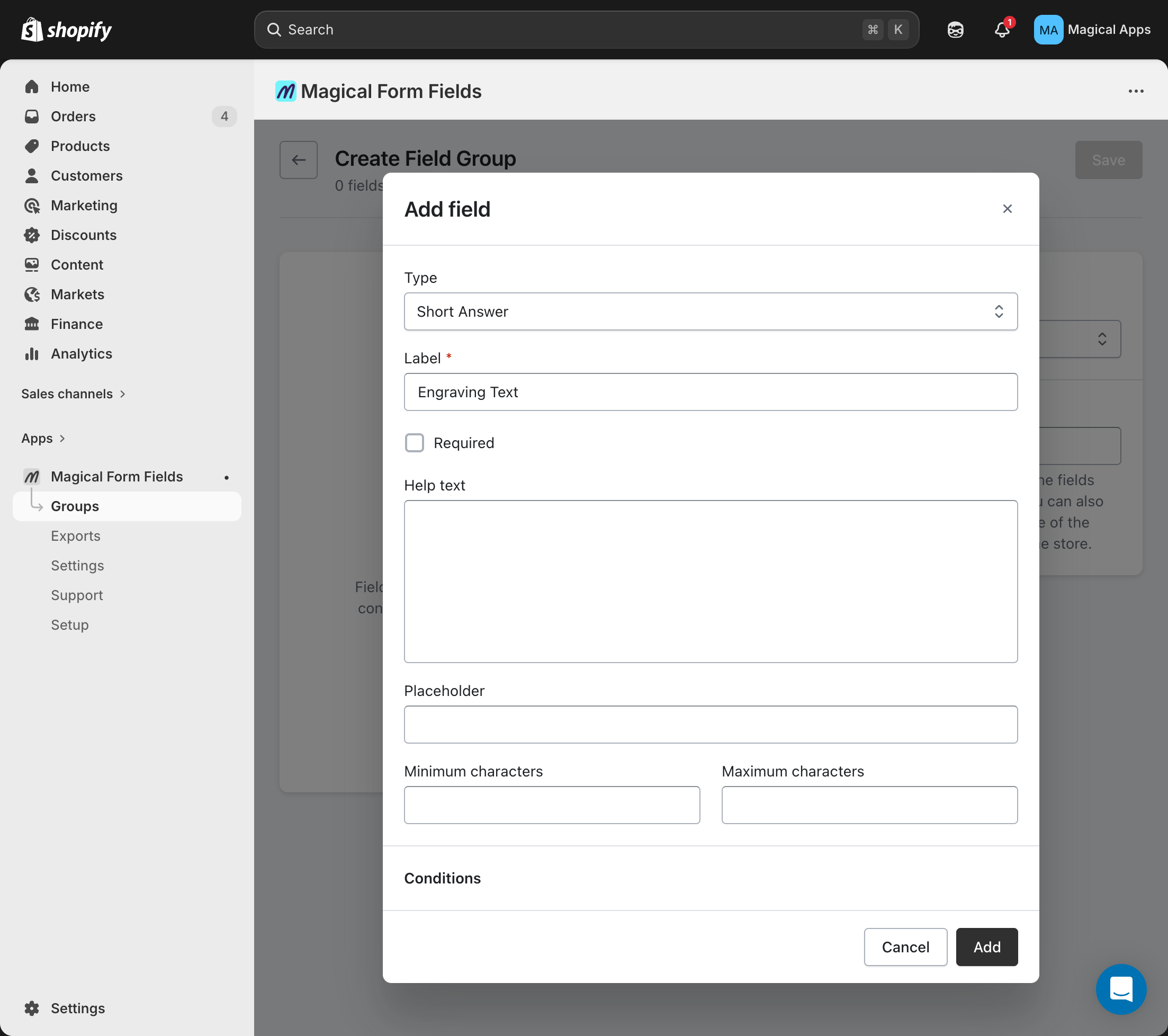 Add field dialog with Type selector, Label, and field options