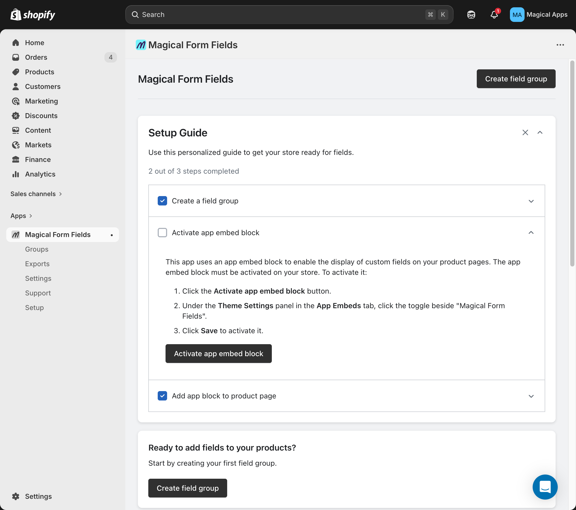 Magical Form Fields dashboard with Create field group button