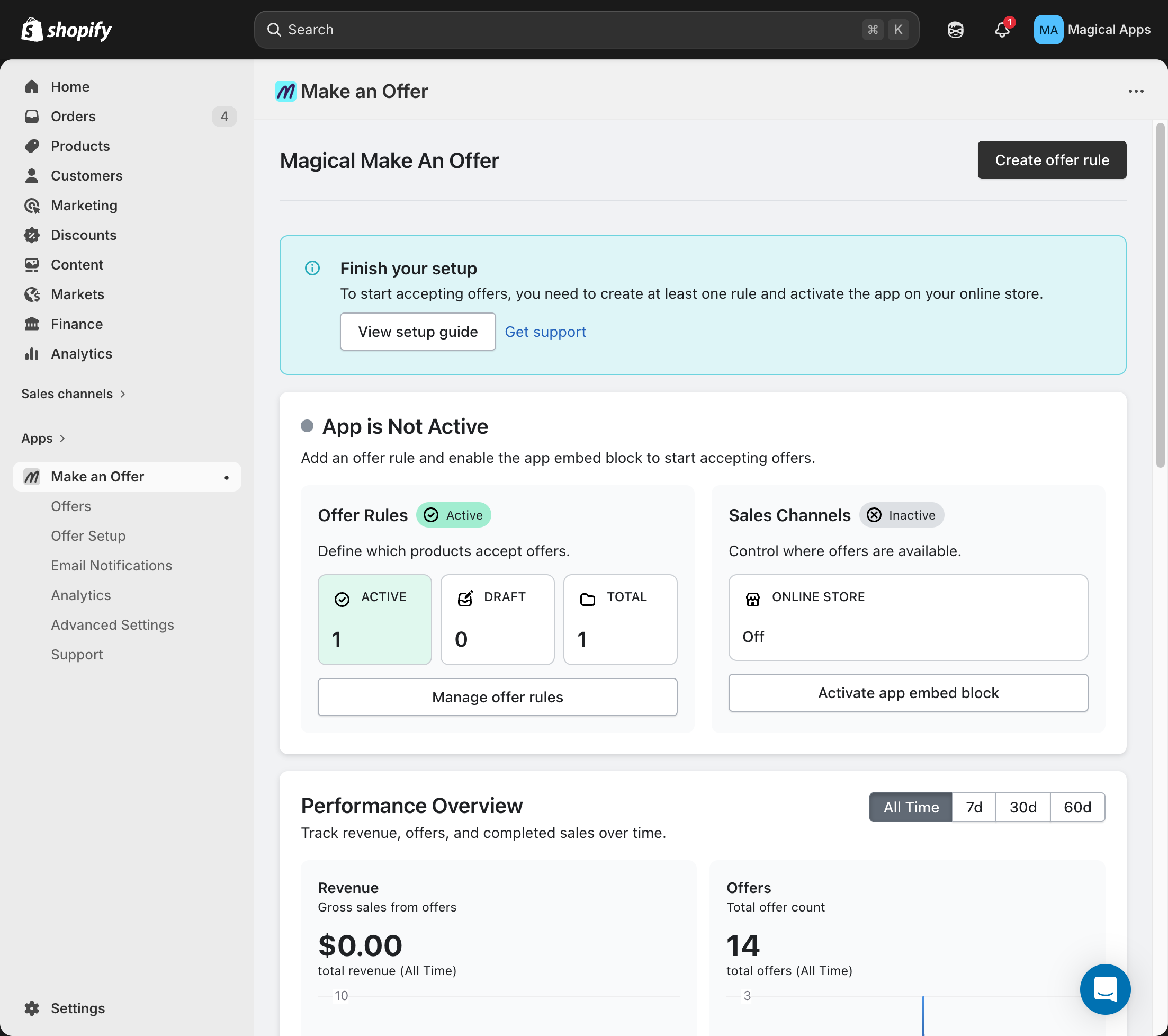 Make an Offer dashboard with Create offer rule button