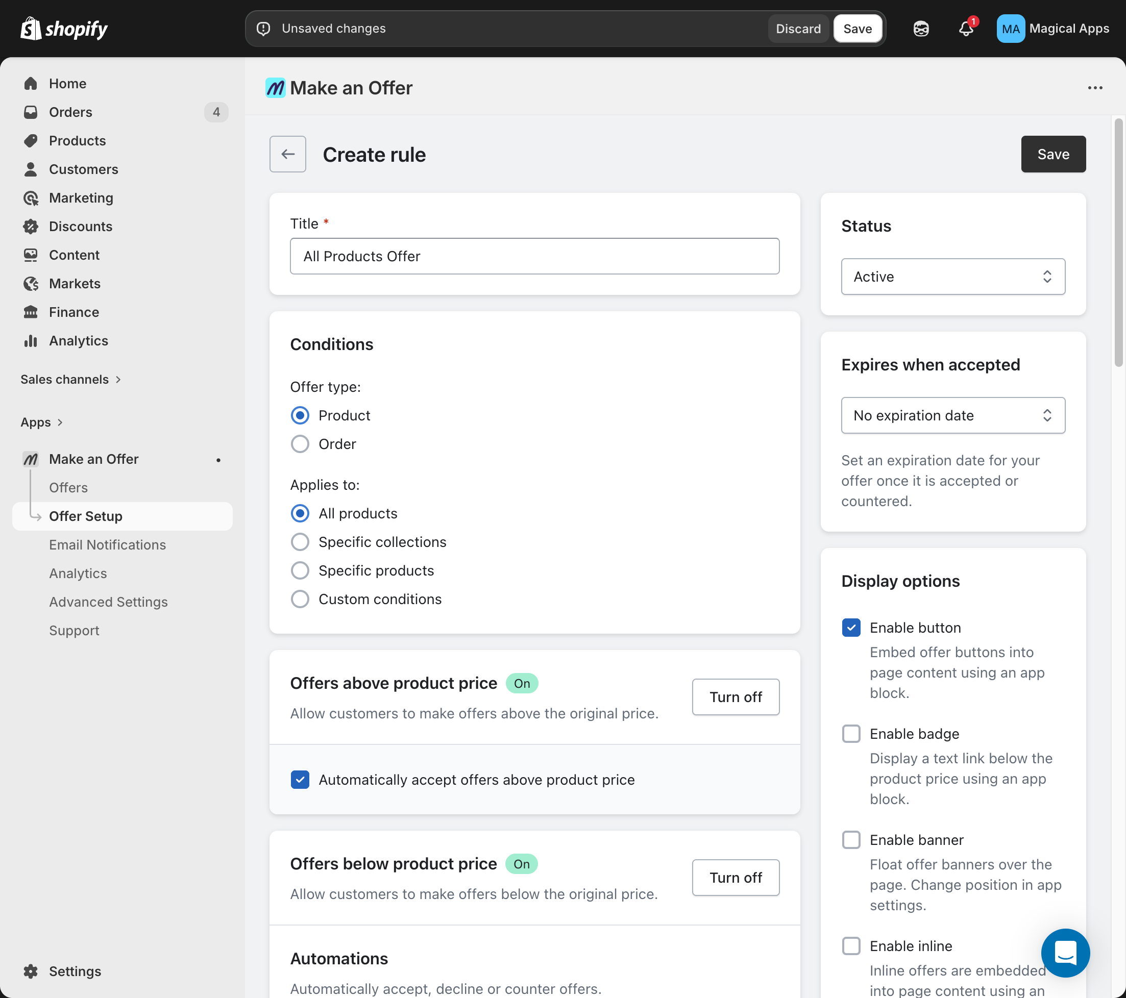 Create rule page with title, offer type, and conditions