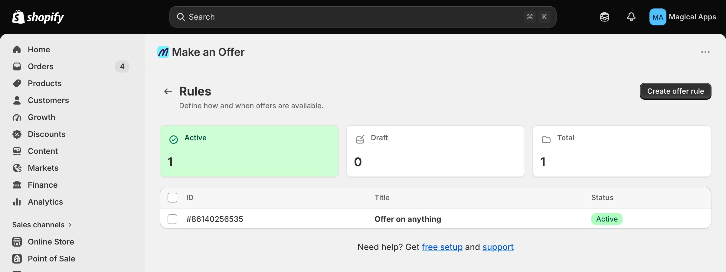 Rules page showing the Active, Draft, and Total counts above the rules table, with the Create offer rule button