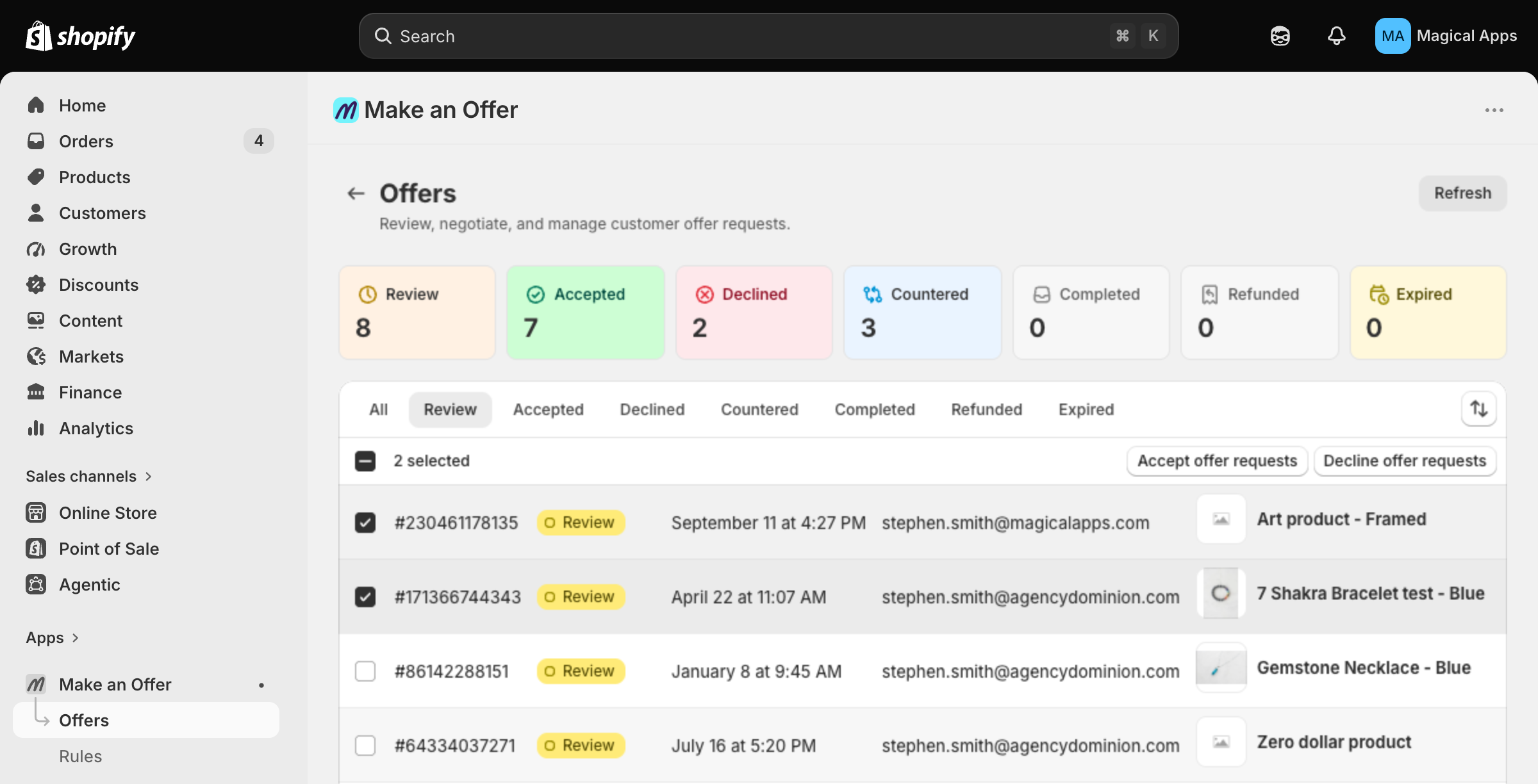 Offers list on the Review tab with two requests selected and the Accept offer requests and Decline offer requests buttons