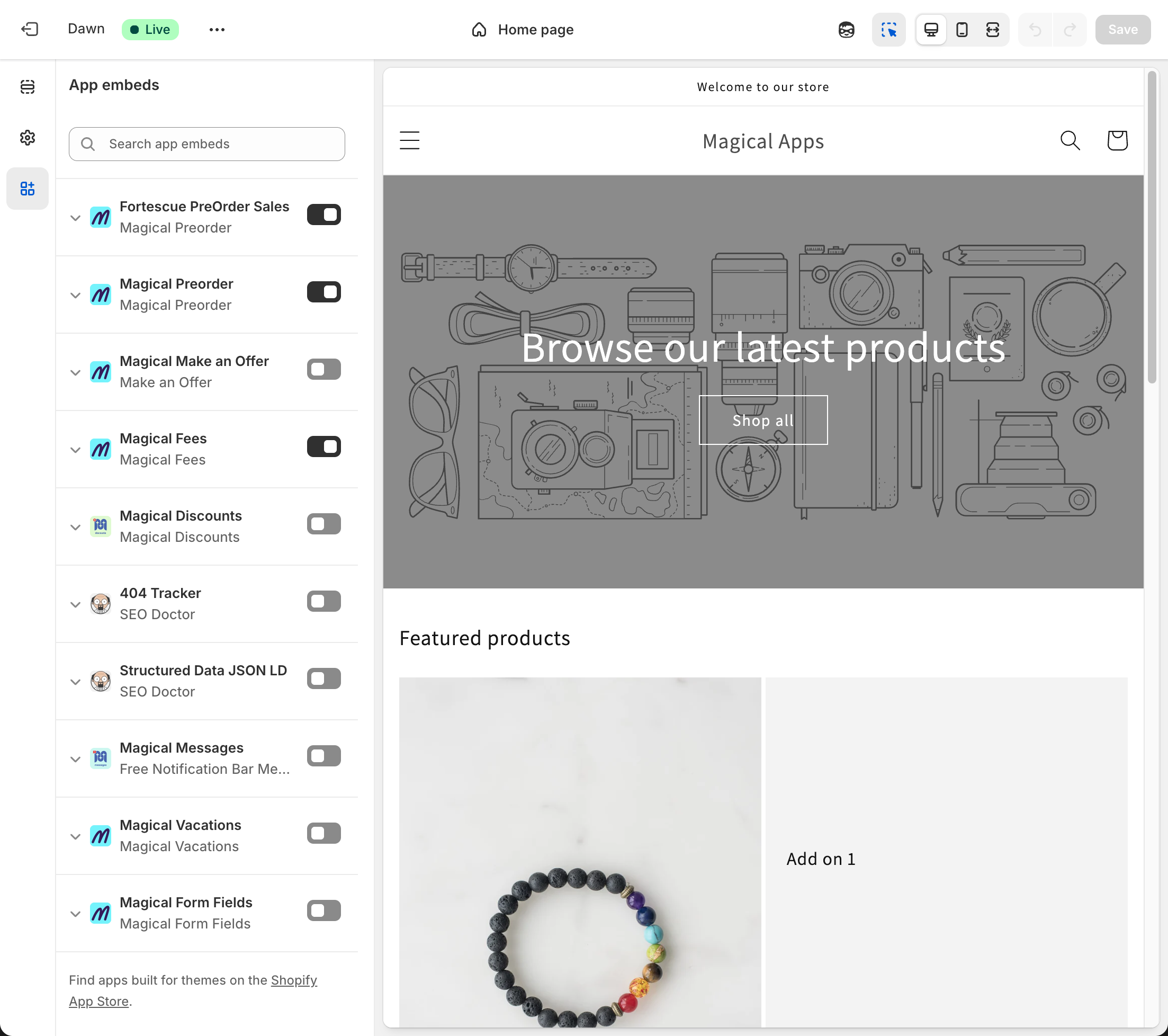Theme editor App embeds panel with Magical Make an Offer toggle