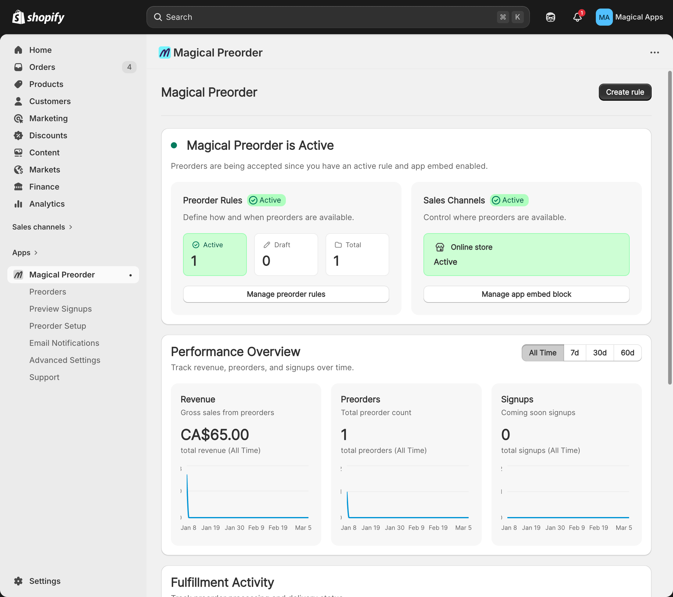 Magical Preorder dashboard with Create rule button