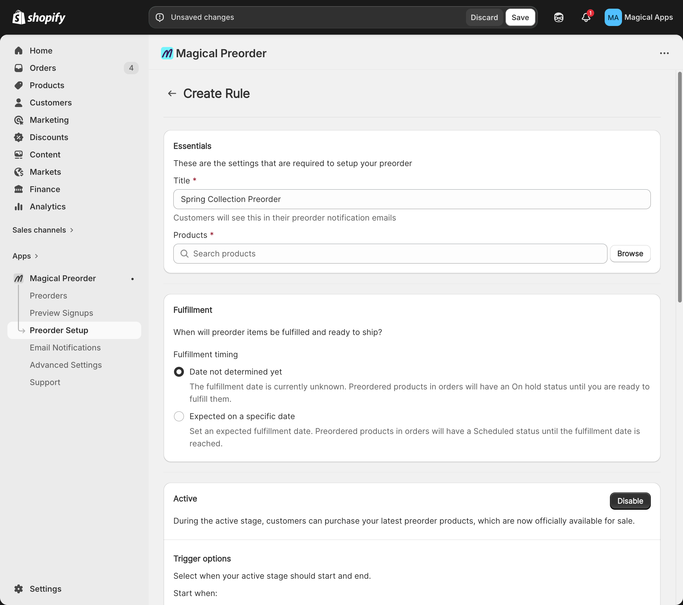 Create rule page with Essentials section and product selector