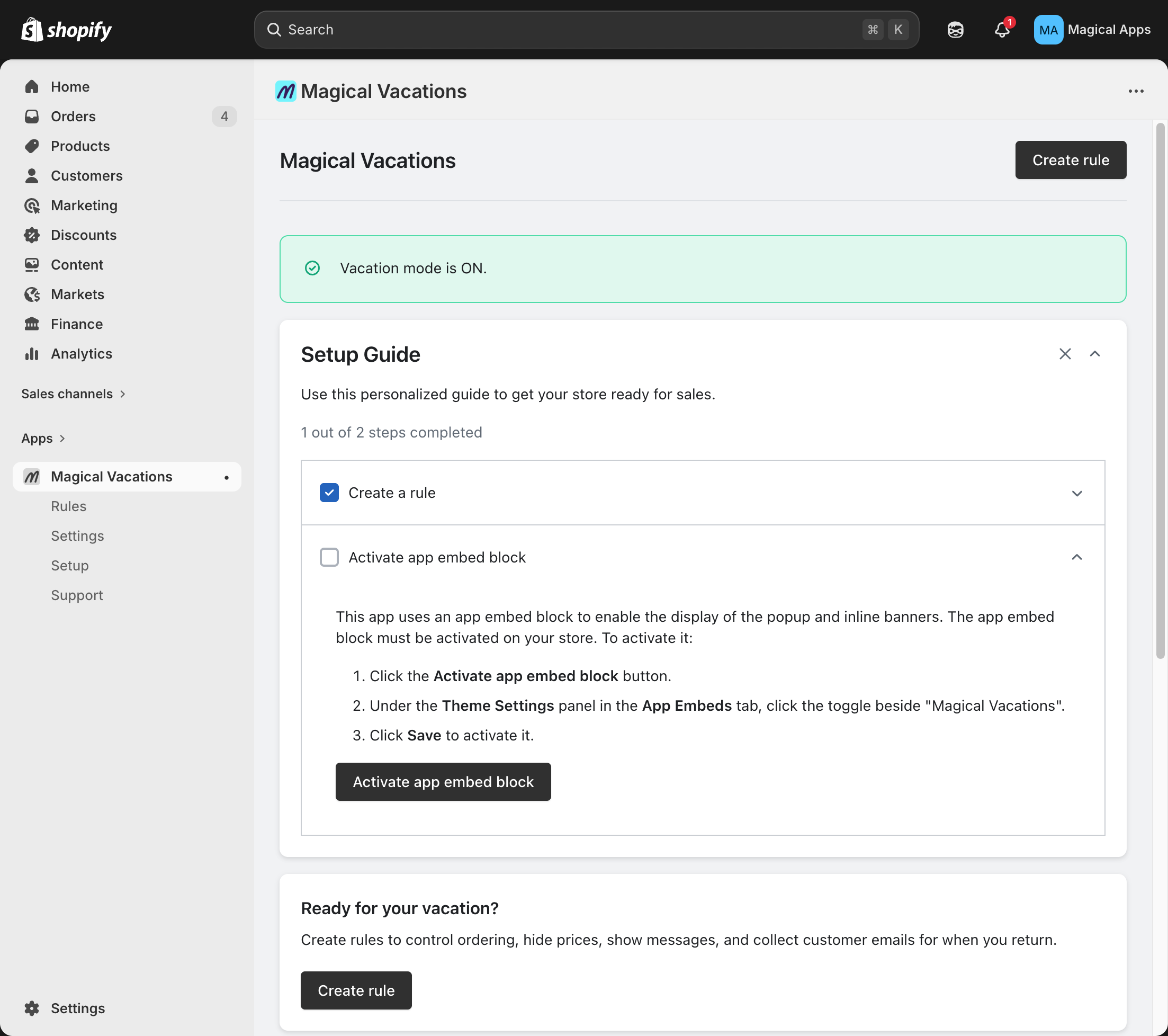 Magical Vacations dashboard with Create rule button