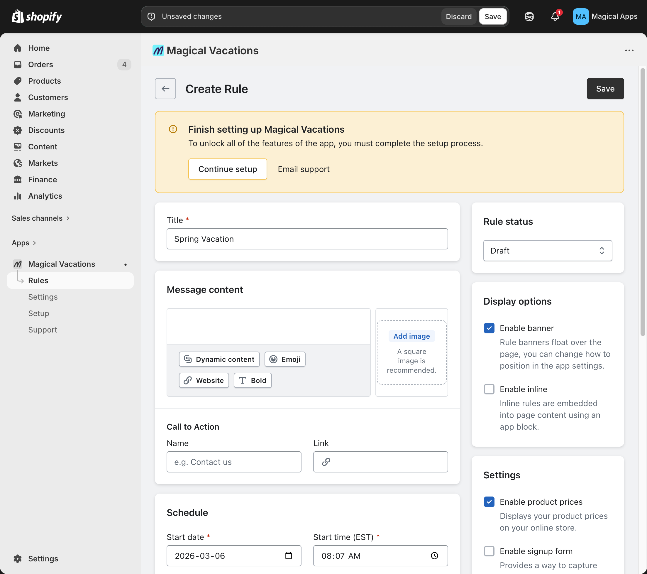 Create Rule page with title, message content, and schedule fields