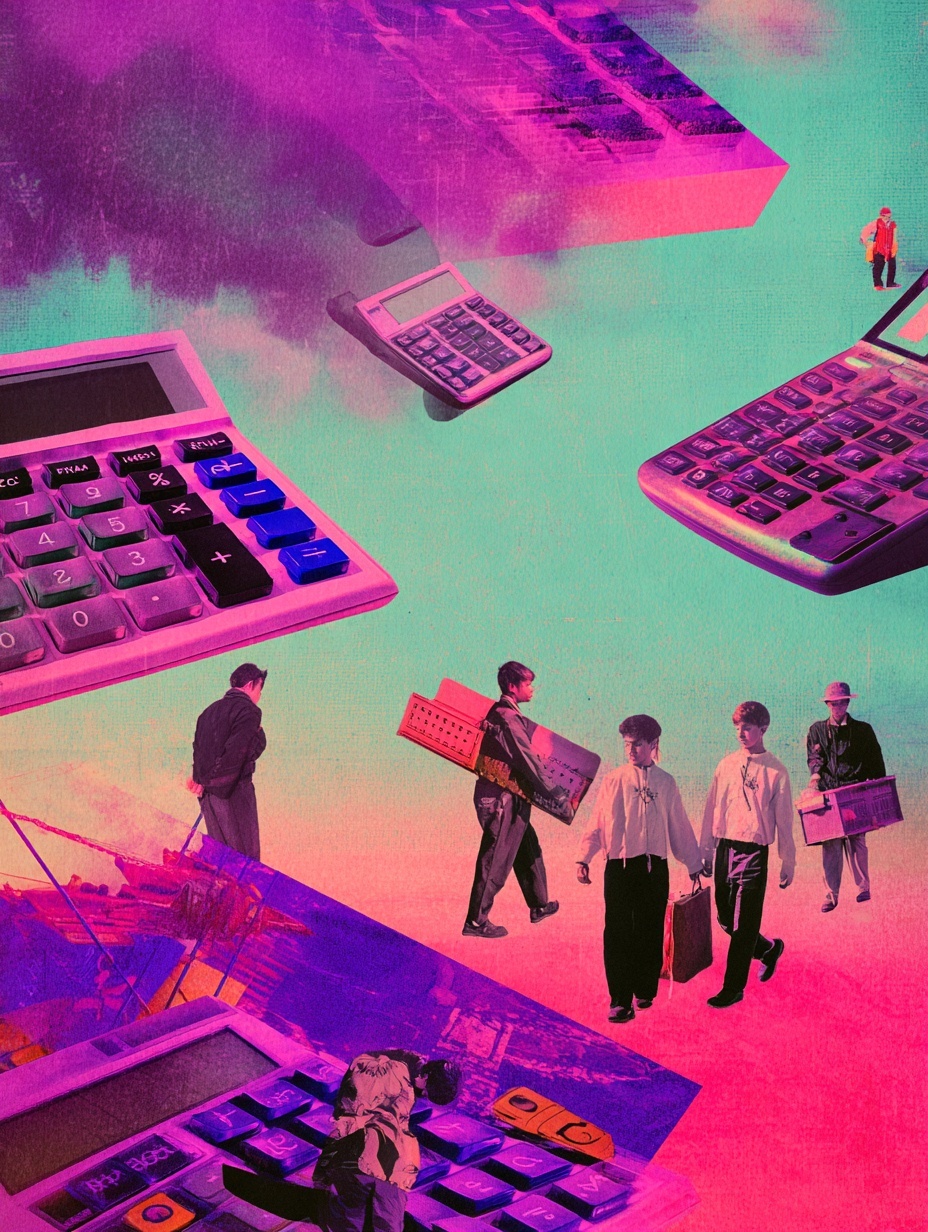 a painting of people walking among large floating calculators