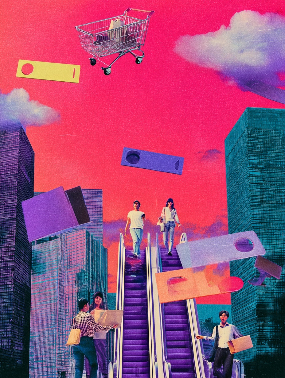 a painting of people walking down stairs in a cityscape