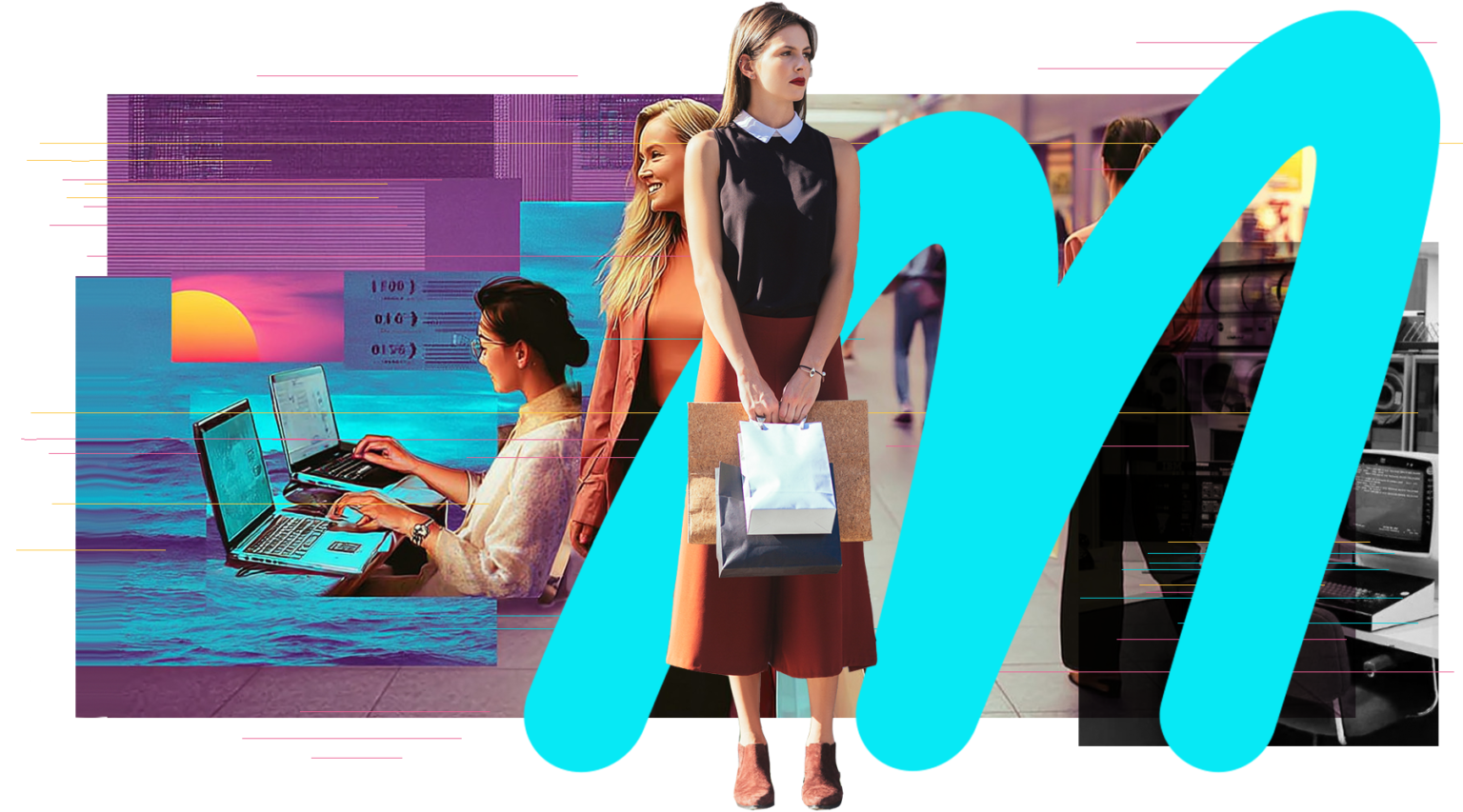 a collage of photos of women with laptops