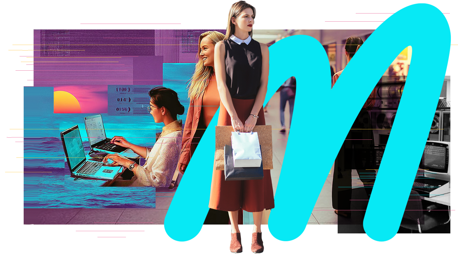 a collage of photos of women with laptops