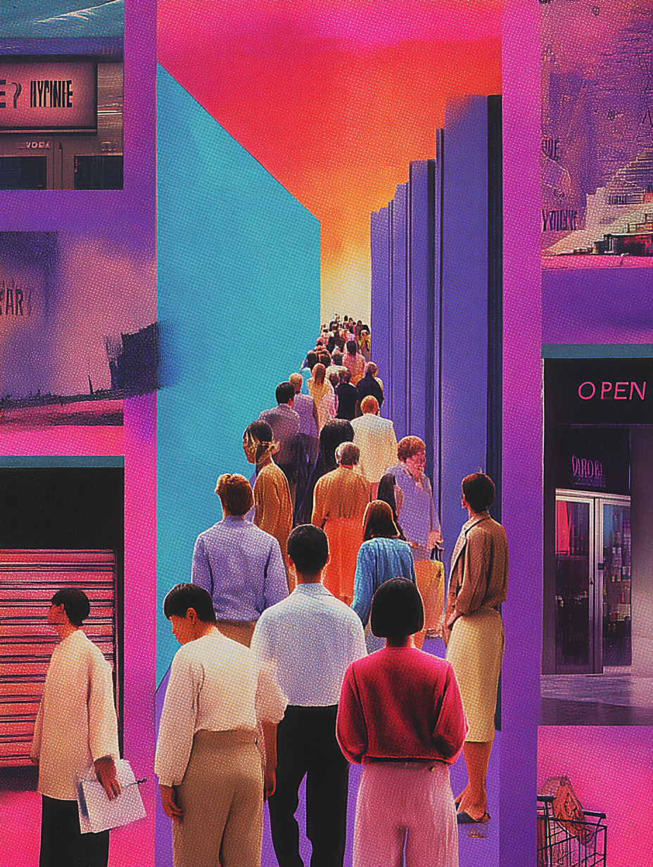 an abstract painting of a group of people walking down a street next to tall buildings