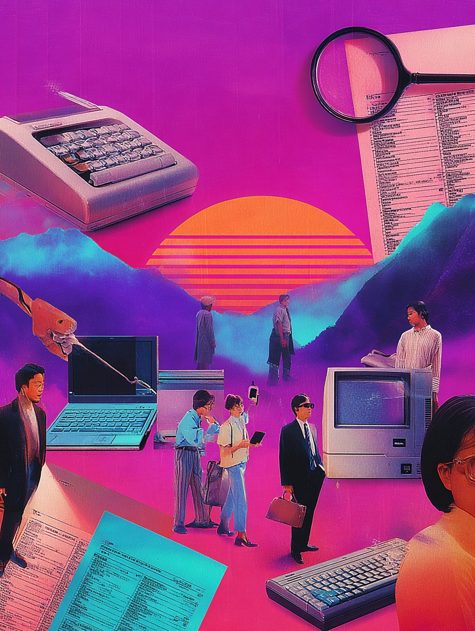 an abstract painting of people walking among electronic devices