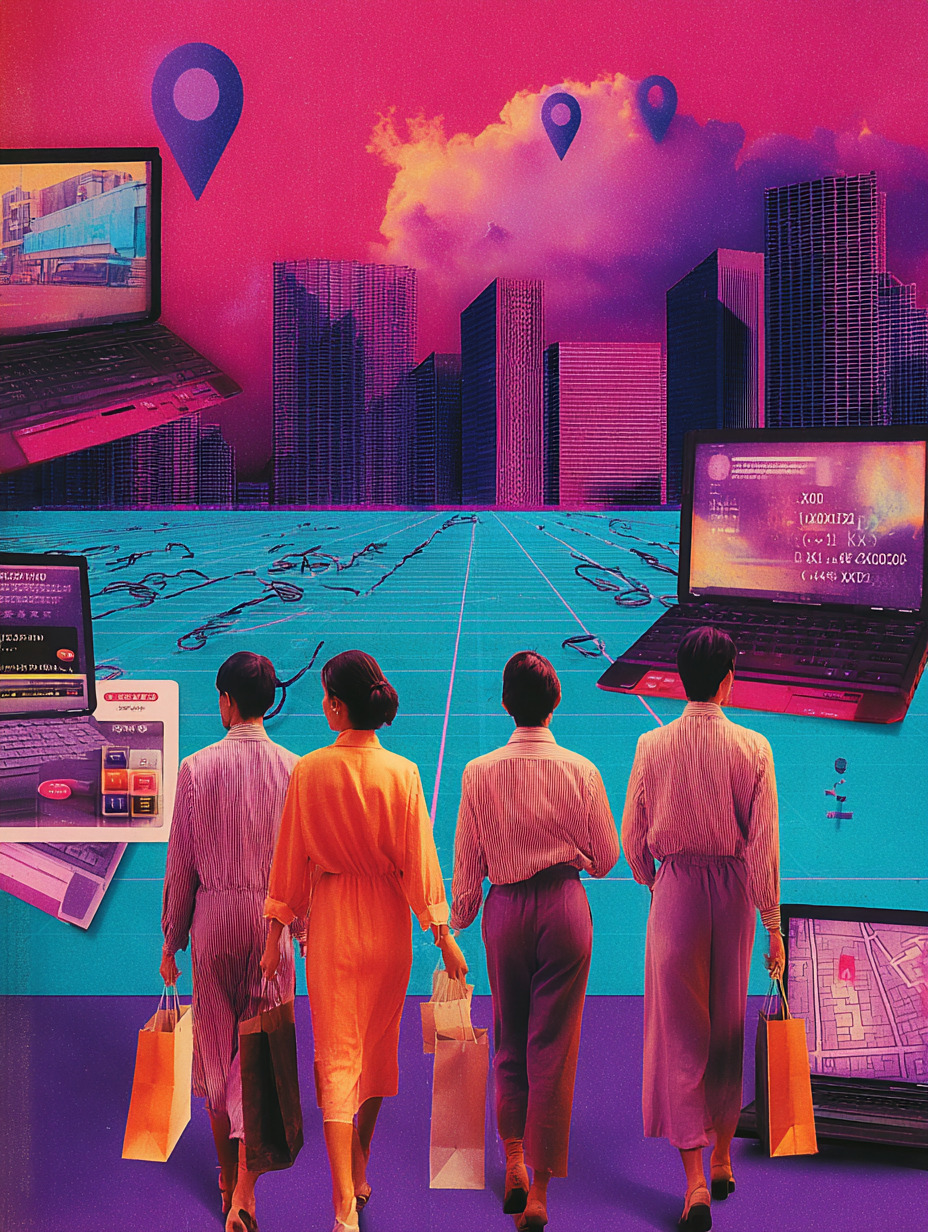 an abstract painting of four women carrying shopping bags wlaking past laptops towards a city skyline