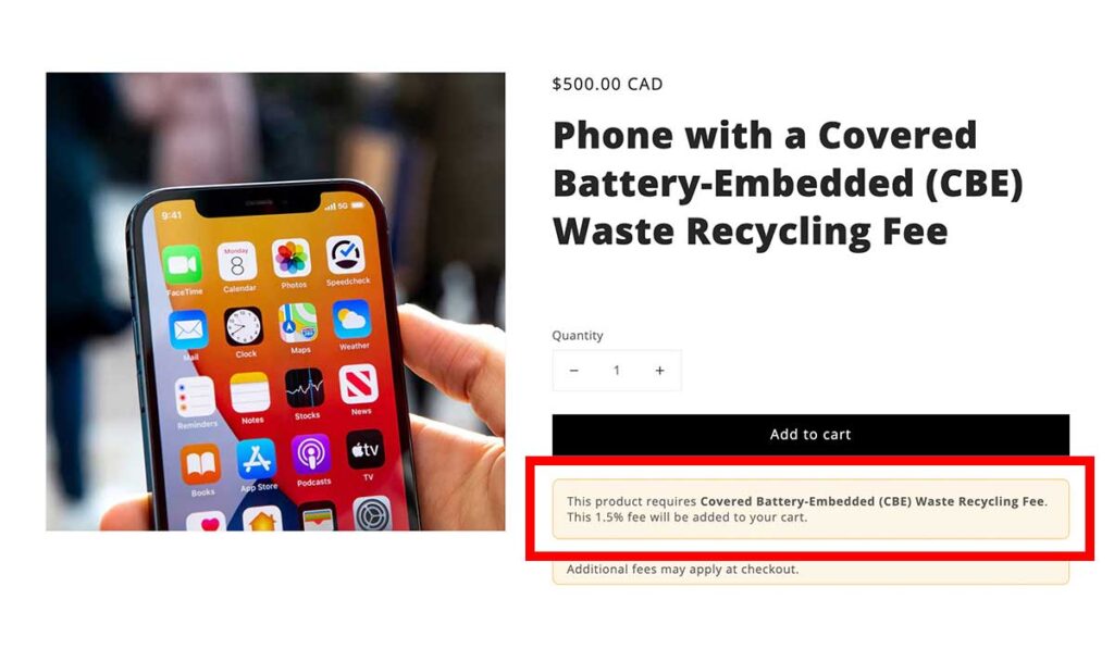 screenshot of shopify product with cbe fee applied