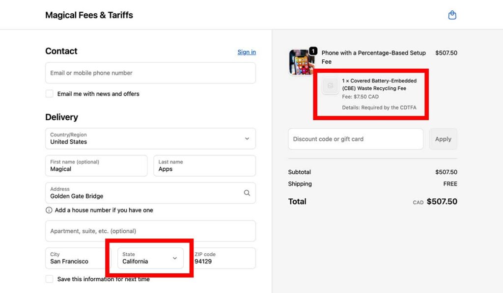 screenshot of shopify checkout with cell phone and cbe fee applied