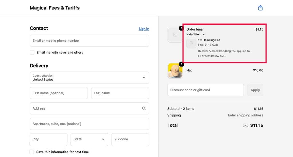 Shopify checkout page showing handling fee attached to product